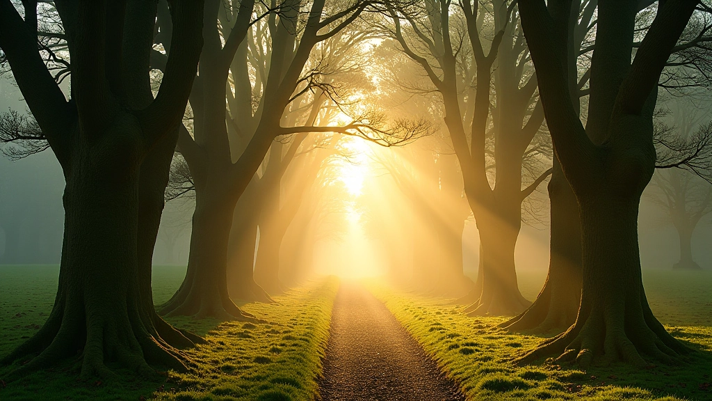 Early morning mist filtering through tall oak and beech trees in ancient woodland forest creating natural cathedral effect