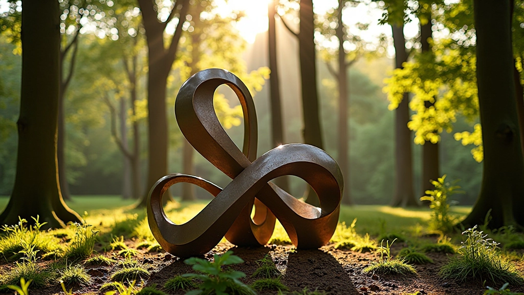 Abstract metal sculpture catching afternoon sunlight with forest background, geometric shapes creating interesting shadows on forest floor