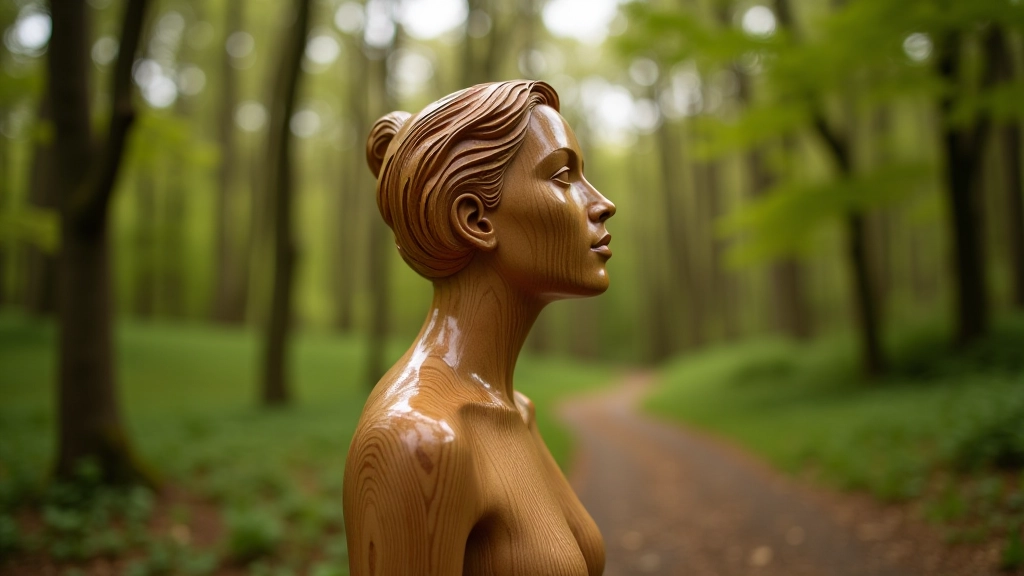 Close-up of modern wooden sculpture with natural wood grain visible, positioned in forest clearing with sunlight creating shadows