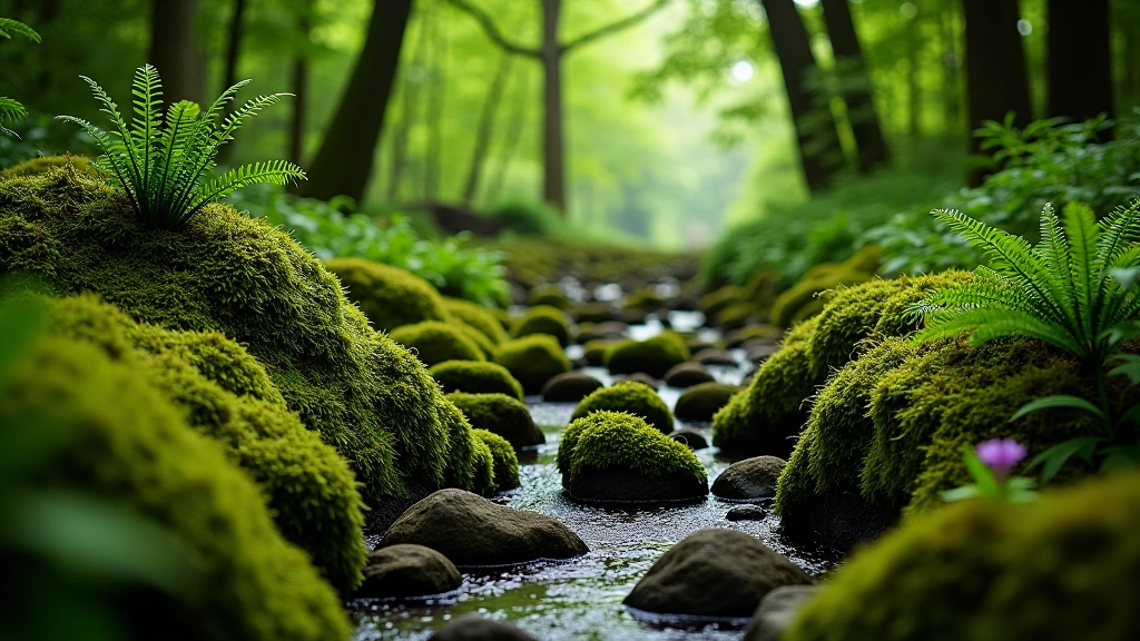 Fairy glen with moss-covered stones and wildflowers in a serene natural clearing surrounded by ferns and trees