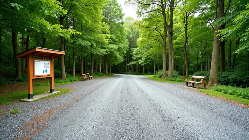 Gravel parking area surrounded by forest trees with wooden information board visible near entrance