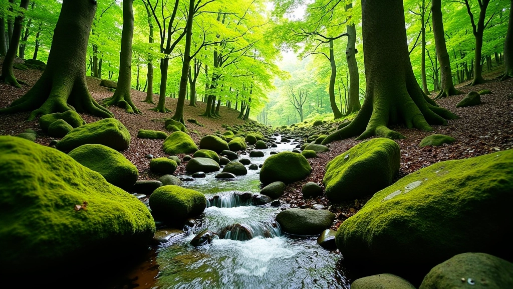 Moss-covered woodland floor with ancient trees and flowing stream in natural forest setting