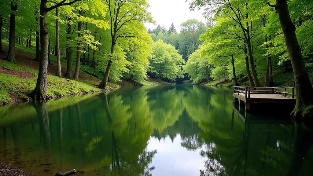 Clear forest pool landscape with water reflecting surrounding trees and vegetation