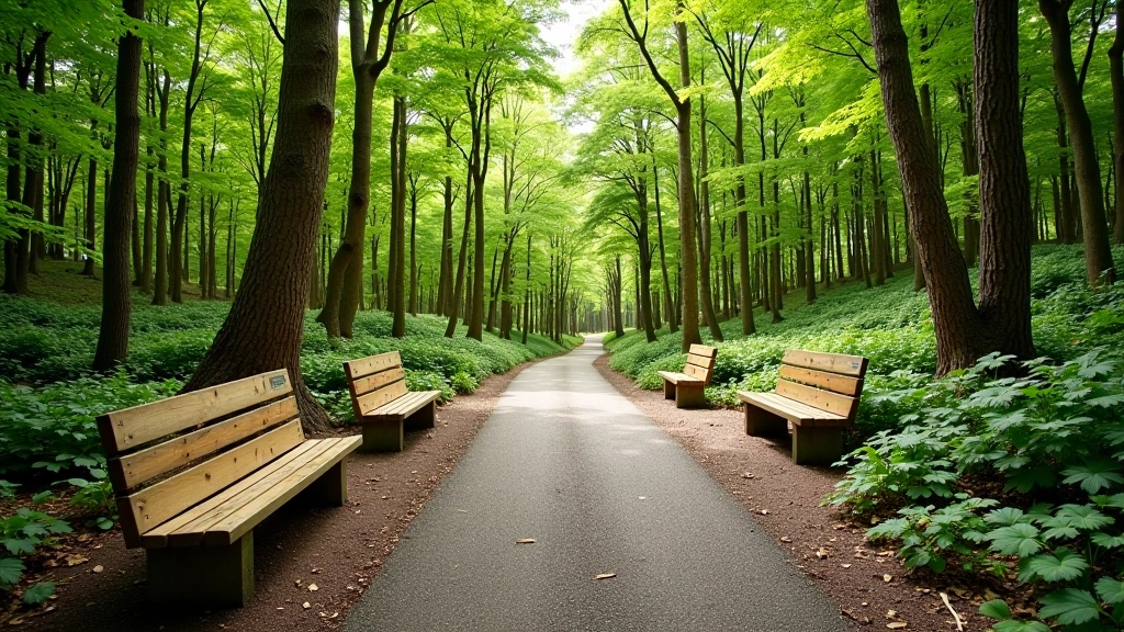 Forest walking path with wooden bench visible in distance through tall trees