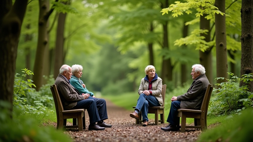 Group of retired adults resting on woodland trail bench, peaceful forest rest area with natural seating, comfortable forest trail stopping point in Laois woodlands