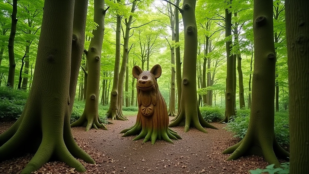 Woodland sculpture installation in forest setting with carved wooden art among trees, natural forest environment with artistic sculptures, Laois woodland artistic landscape