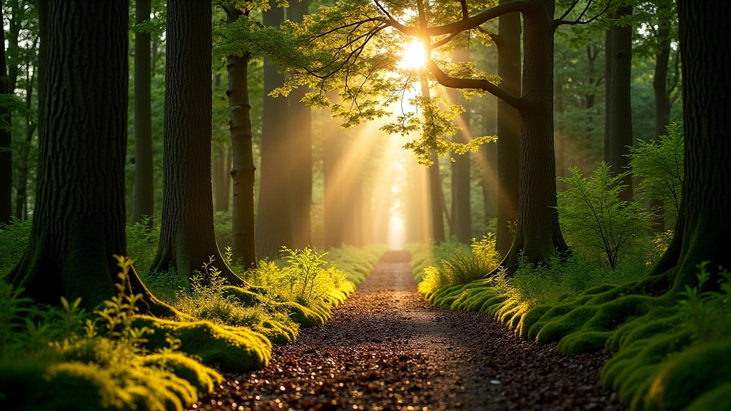 Serene woodland forest path with natural light filtering through trees, peaceful forest trail with ancient trees and soft ground cover, natural beauty of Irish woodlands