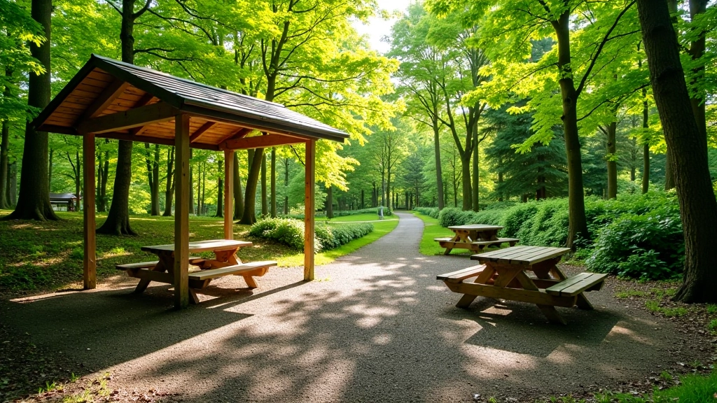 Forest picnic area with benches, shade structures, and green surroundings perfect for outdoor dining and rest