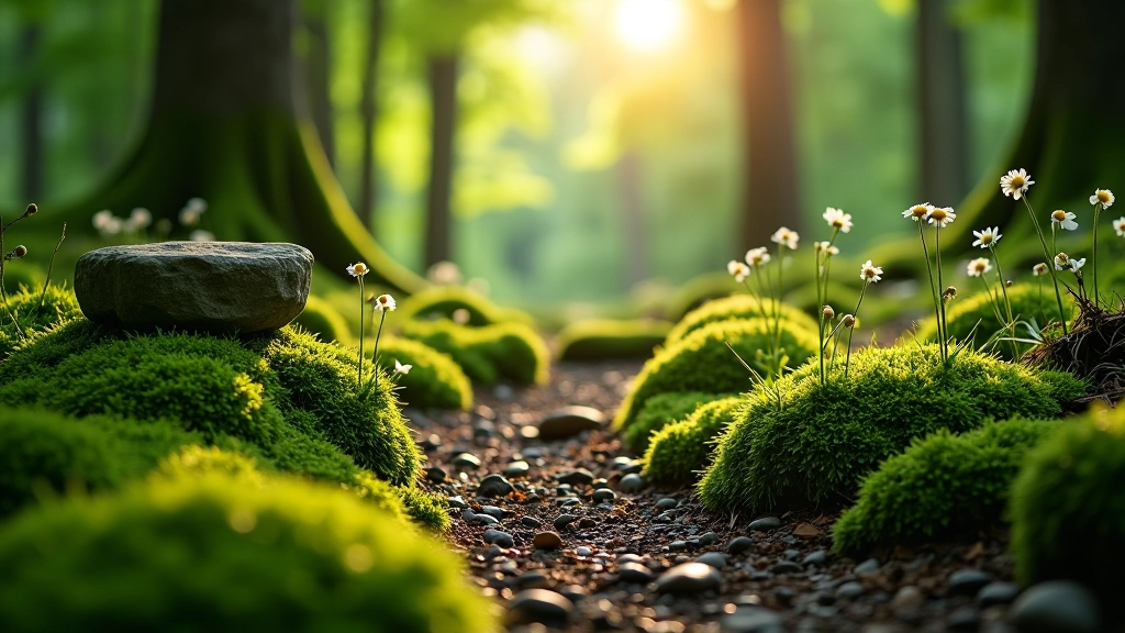 Tranquil forest clearing with moss-covered rocks and natural light, peaceful nature setting for rest and reflection