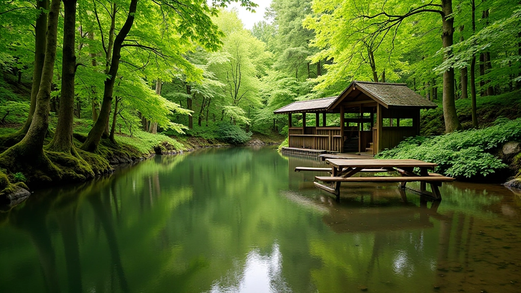 Glenbarrow Pool picnic area with wooden tables, shelter structure, and calm water surface surrounded by forest vegetation