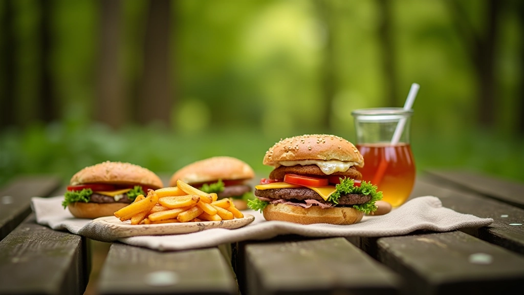 Close-up of forest picnic spread with sandwiches, drinks, and natural woodland setting in background
