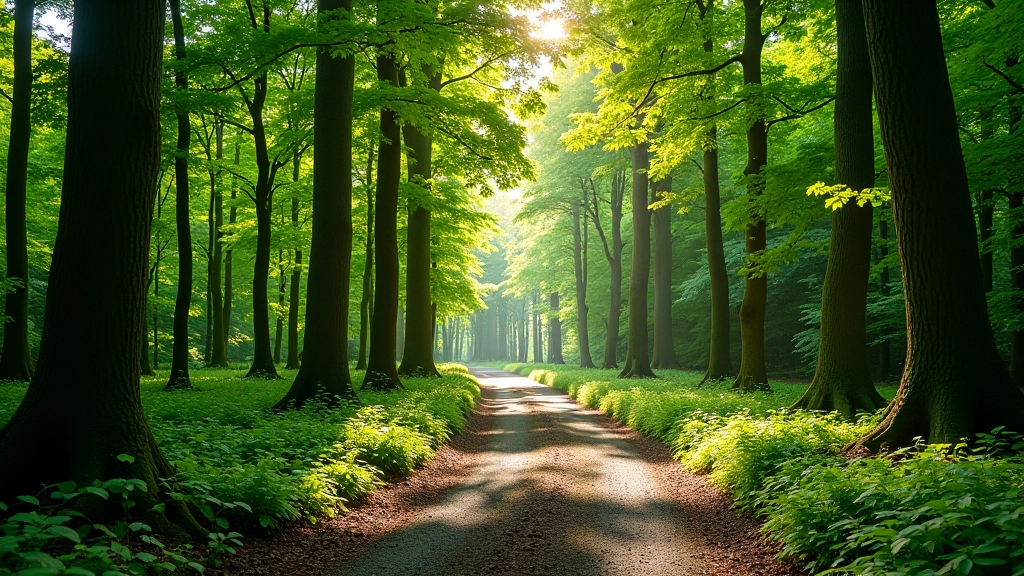 Serene woodland path with ancient trees and natural light filtering through the canopy in Laois forest