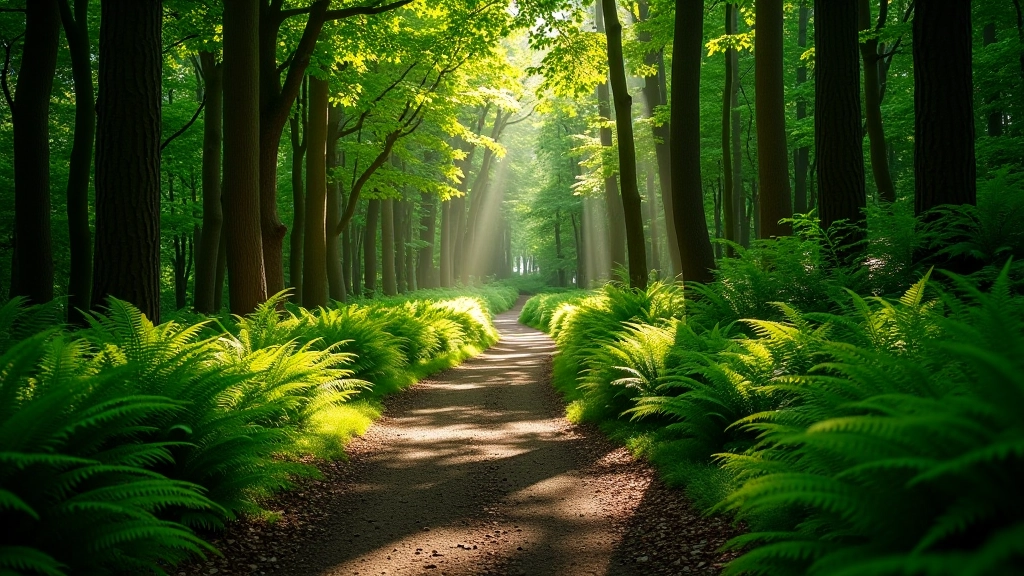 Winding forest path with fern fronds framing the trail and soft natural lighting through canopy