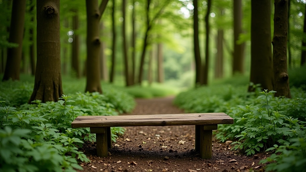 Wooden rest bench situated beside tall beech trees with forest path stretching into distance