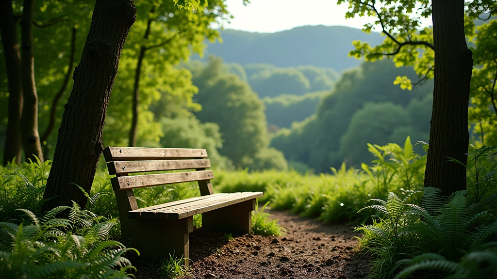Wooden bench nestled in forest clearing with views of wooded hillside and natural vegetation